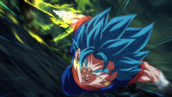 Rule 34 | 1boy, blue eyes, blue hair, blurry, blurry background, commentary, dragon ball, dragon ball super, earrings, energy sword, furrowed brow, gloves, jewelry, male focus, muscular, muscular male, open mouth, potara earrings, rom (20), serious, solo, super saiyan, super saiyan blue, sword, vegetto, weapon, white gloves