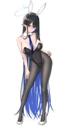 Rule 34 | 1girl, absurdly long hair, animal ears, black hair, black leotard, black pantyhose, blue archive, blue eyes, bow, bowtie, breasts, collarbone, covered navel, detached collar, fake animal ears, full body, glasses, hairband, halo, high heels, highleg, highleg leotard, highres, large breasts, leotard, long hair, long legs, looking at viewer, mogurii, pantyhose, playboy bunny, pointy ears, rabbit ears, rin (blue archive), simple background, solo, standing, very long hair, white background, white footwear, white hairband