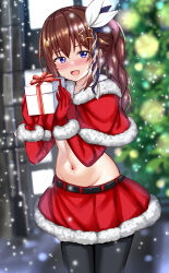 Rule 34 | 1girl, :d, absurdres, belt, black belt, black pantyhose, blue eyes, blush, box, brown hair, capelet, christmas tree, commentary request, cowboy shot, crop top, diamond hair ornament, fur-trimmed capelet, fur-trimmed skirt, fur trim, gift, gift box, gloves, groin, hair between eyes, hair flaps, hair ornament, hair ribbon, hairclip, highres, holding, holding gift, hololive, long hair, long sleeves, looking at viewer, midriff, navel, nootomo, nose blush, open mouth, pantyhose, red capelet, red gloves, red shirt, red skirt, ribbon, shirt, side ponytail, sidelocks, skirt, smile, snowing, solo, standing, star (symbol), star hair ornament, tokino sora, virtual youtuber, white ribbon
