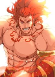 Rule 34 | 1boy, abs, armband, bara, biceps, bucchigiri, chest tattoo, ear piercing, feet out of frame, gauntlets, large pectorals, light, long hair, looking at viewer, male focus, manly, mature male, muscular, muscular male, nipples, pectorals, piercing, red eyes, red hair, senya (bucchigiri), simple background, smirk, solo, tattoo, teeth, tentenkingyo, thick arms, thick eyebrows