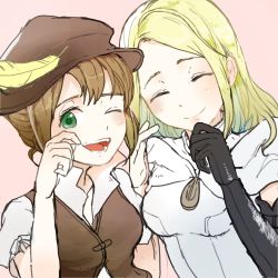 Rule 34 | 2girls, ankh, blonde hair, brown hair, cleric, closed eyes, dress, gloves, green eyes, hat, highres, jewelry, long hair, multiple girls, necklace, octopath traveler, octopath traveler i, one eye closed, open mouth, ophilia (octopath traveler), priestess, rico ot, short hair, simple background, smile, tressa (octopath traveler)