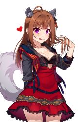 Rule 34 | 1girl, :q, ahoge, alternate hairstyle, animal ear fluff, animal ears, arm behind back, arm up, blush, breasts, brown hair, cleavage, closed mouth, collarbone, commentary request, dress, hair down, hand in own hair, hand up, heart, highres, holding, holding hair, idolmaster, idolmaster million live!, idolmaster million live! theater days, kamille (vcx68), licking, licking lips, long hair, looking at viewer, medium breasts, purple eyes, red dress, simple background, solo, standing, tail, tongue, tongue out, upper body, white background, wolf ears, wolf girl, wolf tail, yokoyama nao