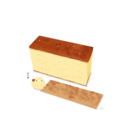 Rule 34 | cake, cake slice, castella (food), chai (drawingchisanne), commentary request, food, food focus, looking at viewer, no humans, original, signature, sweets bird, translation request, white background