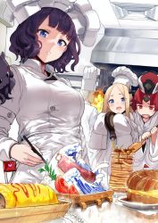 Rule 34 | 1boy, 3girls, abigail williams (fate), archer (fate), benienma (fate), black bow, blonde hair, blue eyes, blush, bow, brown eyes, chef, chef hat, dark skin, fate/grand order, fate/stay night, fate (series), food, forehead, hair bow, hat, hews, highres, katsushika hokusai (fate), kitchen, long hair, long sleeves, looking at viewer, mini flag, multiple girls, octopus, parted bangs, purple hair, red eyes, red hair, short hair, sleeves past fingers, sleeves past wrists, tan, tokitarou (fate), toque blanche, white hair