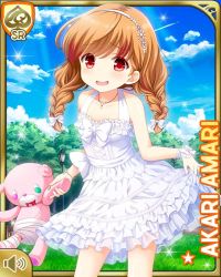 Rule 34 | 1girl, amari akari, bow, brown hair, card (medium), character name, cloud, dress, frills, girlfriend (kari), holding, lawn, nail polish, official art, open mouth, outdoors, park, qp:flapper, red eyes, shoes, sky, smile, solo, standing, stuffed animal, stuffed toy, tagme, tree, white bow, white dress