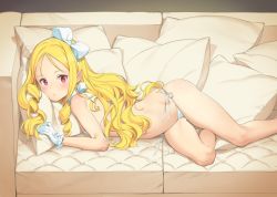Rule 34 | 10s, 1girl, bare shoulders, bikini, blonde hair, bow, commentary request, couch, drill hair, eromanga sensei, gloves, hair ribbon, long hair, looking at viewer, lying, navel, on side, ooyari ashito, petite, pillow, pointy ears, red eyes, ribbon, side-tie bikini bottom, skindentation, solo, swimsuit, white bikini, white gloves, yamada elf