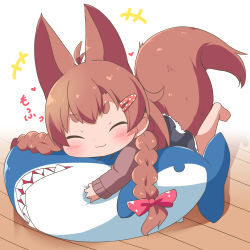 Rule 34 | +++, 1girl, animal ears, antenna hair, barefoot, black skirt, blush, bow, braid, brown hair, brown sweater, chibi, closed eyes, closed mouth, commentary request, dog ears, dog girl, dog tail, facing viewer, full body, hair bow, hair ornament, hairclip, heart, ikea shark, long hair, long sleeves, makuran, momiji (makuran), hugging object, original, pleated skirt, red bow, short eyebrows, skirt, sleeves past wrists, smile, solo, stuffed animal, stuffed shark, stuffed toy, sweater, tail, thick eyebrows, twin braids, white background, wooden floor
