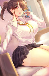 Rule 34 | 1girl, :o, bare legs, bed, bed sheet, blurry, breasts, brown hair, chocolate, collarbone, depth of field, double bun, food, hair bun, holding, holding chocolate, holding food, idolmaster, idolmaster shiny colors, indoors, large breasts, looking at viewer, looking to the side, miniskirt, open collar, pillow, plaid, plaid skirt, pleated skirt, school uniform, shiny clothes, shirt, sitting, skirt, solo, sonoda chiyoko, sunlight, thighs, toho (kihon ha yappa), twintails, untied, white shirt