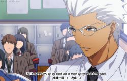 Rule 34 | 4girls, 5boys, akujiki59, archer (fate), classroom, crowd, dark-skinned male, dark skin, english text, fate/stay night, fate (series), glasses, male focus, multiple boys, multiple girls, official style, portrait, reading, short hair, spiked hair, teacher, translation request, upper body, white hair