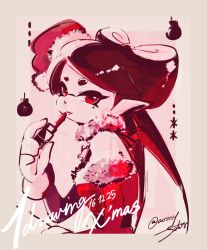 Rule 34 | + +, 1girl, artist name, bad id, bad twitter id, bell, black hair, callie (splatoon), christmas, christmas ornaments, closed mouth, commentary request, dated, detached collar, dress, english text, from side, gloves, hat, holding, inkling, jingle bell, lipstick, long hair, looking at viewer, makeup, mini hat, mole, mole under eye, monochrome, nintendo, one-hour drawing challenge, pointy ears, red dress, red eyes, red hat, red theme, santa costume, santa hat, seto (asils), signature, sketch, solo, splatoon (series), splatoon 1, standing, strapless, strapless dress, tentacle hair, twitter username, upper body
