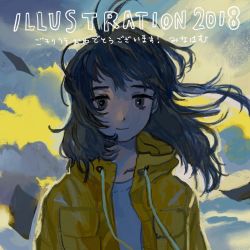 Rule 34 | 1girl, 2018, cloud, cloudy sky, drawstring, highres, illustration.media, jacket, looking at viewer, minahamu, original, outdoors, paper, portrait, shadow, sky, smile, solo, wind, yellow jacket