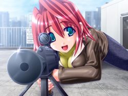 Rule 34 | 1girl, :d, aiming, aiming at viewer, akaza, blue eyes, blurry, blush, breasts, building, cityscape, cleavage, cloud, day, denim, depth of field, door, foreshortening, game cg, glint, gun, hair between eyes, hair intakes, happy, holding, holding gun, holding weapon, jacket, jeans, kasumi (sixty nine 2), leather, leather jacket, looking at viewer, lying, medium breasts, on stomach, open mouth, outdoors, pants, railing, red hair, rifle, rooftop, scope, short hair, sixty nine 2, sky, skyscraper, smile, sniper rifle, tile floor, tiles, turtleneck, weapon, yameta takashi