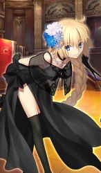Rule 34 | 1girl, bad id, black choker, black dress, black gloves, black panties, black thighhighs, blonde hair, blue gloves, blush, bow, braid, breasts, capelet, choker, cleavage, cleavage cutout, clothing cutout, collarbone, commentary request, dress, fate/grand order, fate (series), flower, gloves, hair between eyes, hair bow, hair flower, hair ornament, hand up, head tilt, indoors, jeanne d&#039;arc (fate), jeanne d&#039;arc (ruler) (fate), large breasts, long hair, looking at viewer, official art, panties, parted lips, purple eyes, see-through, single braid, sleeveless, sleeveless dress, solo, thighhighs, underwear, very long hair, white flower