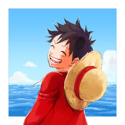 Rule 34 | 1boy, ^ ^, back, black hair, closed eyes, commentary, happy, hat, male focus, mo01234ri, monkey d. luffy, ocean, one piece, scar, scar on face, short hair, sky, smile, solo, straw hat, symbol-only commentary