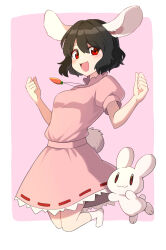 Rule 34 | 1girl, :d, animal ears, bad leg, bad perspective, bad proportions, black hair, breasts, carrot necklace, commentary request, dress, full body, hands up, happy, highres, inaba mob (touhou), inaba tewi, jewelry, looking at viewer, mothkoisi, necklace, open mouth, pink background, pink dress, puffy short sleeves, puffy sleeves, rabbit, rabbit ears, rabbit tail, red eyes, short hair, short sleeves, small breasts, smile, solo, tail, touhou