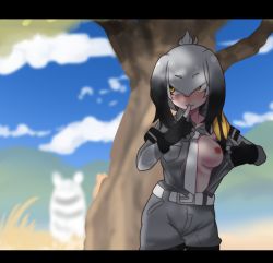 Rule 34 | 3girls, animal ears, bad id, bad nijie id, belt, black gloves, black hair, blonde hair, blurry, blurry background, breast pocket, breasts, closed mouth, collared shirt, day, finger to mouth, fingerless gloves, flashing, gloves, grey hair, grey shirt, grey shorts, hair between eyes, hair intakes, highres, index finger raised, kemono friends, layered sleeves, letterboxed, long hair, long sleeves, looking to the side, low ponytail, medium breasts, multicolored hair, multiple girls, necktie, nipples, no bra, open clothes, open shirt, oppai challenge, outdoors, plains zebra (kemono friends), pocket, savannah, serval (kemono friends), shirt, shoebill (kemono friends), short over long sleeves, short sleeves, shorts, shushing, side ponytail, smile, solo focus, stomach, tree, uenoshita sayuu, upper body, white neckwear, wing collar, yellow eyes, zebra ears