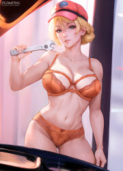 Rule 34 | 1girl, artist name, baseball cap, blonde hair, bra, breasts, cidney aurum, cleavage, collarbone, cowboy shot, final fantasy, final fantasy xv, fingernails, flowerxl, gluteal fold, goggles, hair between eyes, hair up, hat, holding, holding wrench, large breasts, light smile, looking at viewer, midriff, navel, panties, parted lips, red hat, solo, standing, stomach, underwear, watermark, web address, wrench