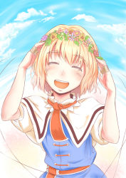 Rule 34 | 1girl, alice margatroid, arms up, blonde hair, blue dress, blue sky, blush, capelet, cloud, day, dress, closed eyes, female focus, flower, hair flower, hair ornament, hairband, jewelry, kouzilow, open mouth, puppet rings, puppet strings, ring, sash, short hair, short sleeves, sky, smile, solo, touhou