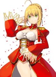 Rule 34 | 10s, 1girl, ahoge, blonde hair, blush, braid, breasts, cleavage, closed mouth, commentary request, cowboy shot, dress, epaulettes, fate/extra, fate (series), green eyes, hair between eyes, hair bun, head tilt, highres, juliet sleeves, kei (soundcross), long sleeves, looking at viewer, medium breasts, nero claudius (fate), nero claudius (fate) (all), nero claudius (fate/extra), puffy sleeves, red dress, see-through, sidelocks, simple background, single hair bun, smile, solo, white background, wide sleeves