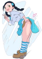 Rule 34 | 1girl, black hair, breasts, candice (pokemon), clothes around waist, clothes lift, covered erect nipples, creatures (company), game freak, heart, highres, large breasts, long hair, masamu3939, miniskirt, multi-tied hair, nintendo, pokemon, pokemon dppt, shoes, skirt, skirt lift, socks, sweater, sweater around waist, v, yellow eyes