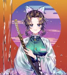 Rule 34 | 1girl, animal print, black hair, blue eyes, breasts, bug, butterfly, butterfly hair ornament, butterfly print, coat, gradient background, hair ornament, high collar, insect, japanese clothes, katana, kimetsu no yaiba, kimono, kochou shinobu, large breasts, lips, looking at viewer, mongpu, orange background, parted bangs, red background, scabbard, sheath, sheathed, short hair, signature, smile, solo, sword, uniform, water, weapon, wide sleeves