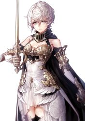 Rule 34 | 1girl, armor, armored dress, bad id, bad pixiv id, black thighhighs, breasts, cleavage, cowboy shot, detached sleeves, dress, gauntlets, grey eyes, hair between eyes, highres, holding, holding sword, holding weapon, knight, looking at viewer, original, senano-yu, short dress, short hair, silver hair, simple background, sleeveless, sleeveless dress, small breasts, solo, standing, sword, thighhighs, weapon, white background, white dress