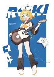 Rule 34 | 1girl, :d, aqua eyes, bare shoulders, black sailor collar, black shorts, black sleeves, blonde hair, blue background, blue eyes, bow, cable, crop top, detached sleeves, fang, flat chest, guitar, hair bow, hair ornament, hairclip, headphones, headset, highres, holding, holding guitar, holding instrument, instrument, kagamine rin, leg warmers, looking at viewer, midriff, open mouth, roki (vocaloid), sailor collar, sailor shirt, shirt, short hair, shorts, sleeveless, sleeveless shirt, smile, solo, unplugged, vocaloid, white bow, white footwear, yellow nails, zimoow