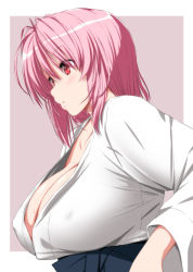 Rule 34 | 1girl, alternate costume, blue sash, blush, border, breasts, cleavage, collarbone, commentary request, eyes visible through hair, grey background, hair between eyes, highres, large breasts, long sleeves, no headwear, nori tamago, outside border, parted lips, pink hair, red eyes, robe, saigyouji yuyuko, sash, short hair, simple background, solo, sweat, touhou, upper body, white border, white robe, wide sleeves