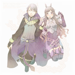 Rule 34 | 1boy, 1girl, ^ ^, armor, blush, boots, bridal gauntlets, brown eyes, brown hair, cape, closed eyes, couple, closed eyes, fire emblem, fire emblem awakening, garter straps, hair ornament, henry (fire emblem), hetero, holding hands, jumping, nintendo, open mouth, osanai satoru, purple eyes, smile, sumia (fire emblem), thigh boots, thighhighs, white hair