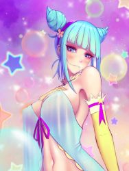 Rule 34 | 1girl, aqua eyes, aqua hair, artist name, babydoll, bare shoulders, blue eyes, blue hair, blush, breasts, cleavage, cone hair bun, covered erect nipples, elbow gloves, female focus, girl (anime expo), gloves, hair bun, hairband, hand on own chest, highres, kami-sama (girl), large breasts, limgae, looking at viewer, matching hair/eyes, me!me!me!, navel, nightgown, short twintails, solo, star (symbol), starry background, twintails, yellow gloves