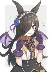 Rule 34 | 1girl, amasaki333, animal ears, bad id, bad twitter id, black bow, black bowtie, black hair, black skirt, blue flower, blue hairband, blue rose, blue wings, bow, bowtie, brooch, center frills, claw pose, collared shirt, commentary, demon wings, fang, flower, flying sweatdrops, frilled hairband, frills, frown, gloves, hair over one eye, hairband, halloween, halloween costume, high-waist skirt, horse ears, horse girl, jewelry, long bangs, long hair, looking at viewer, open mouth, outside border, purple eyes, rice shower (make up vampire!) (umamusume), rice shower (umamusume), rose, shirt, short sleeves, skirt, solo, standing, star (symbol), umamusume, white shirt, wings
