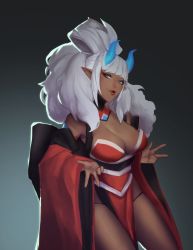 Rule 34 | 1girl, big hair, blue eyes, blue horns, blunt bangs, breasts, commentary, cosplay, dark-skinned female, dark skin, detached collar, double v, english commentary, eyeshadow, gift art, highres, horns, large breasts, lokii, long hair, makeup, mole, mole above mouth, obi, original, pelvic curtain, pointy ears, red eyeshadow, red sleeves, sash, shiki (lokii), shiki (lokii) (cosplay), silver hair, slush (norasuko), solo, strapless, updo, v, wide sleeves