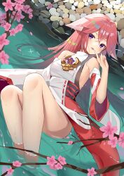 Rule 34 | 1girl, absurdres, ass, branch, breasts, cherry blossoms, commentary request, detached sleeves, genshin impact, hair between eyes, hair ornament, highres, in water, japanese clothes, long hair, long sleeves, looking at viewer, lying, medium breasts, nontraditional miko, on back, pink hair, purple eyes, ribbon-trimmed sleeves, ribbon trim, rock, sakutaishi, shallow water, sideboob, sidelocks, solo, water, wet, wet clothes, wide sleeves, yae miko