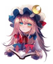 Rule 34 | 1girl, blue bow, blue eyes, blush, book, bow, bowtie, collared shirt, commentary request, crescent, crescent hat ornament, frilled sleeves, frills, hair between eyes, hair bow, hat, hat ornament, highres, maho moco, medium hair, mob cap, patchouli knowledge, puffy short sleeves, puffy sleeves, purple hair, red bow, red bowtie, shirt, short sleeves, sidelocks, simple background, solo, touhou, white background