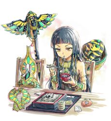 Rule 34 | 1girl, absurdres, ankh, armband, black dress, black hair, blunt bangs, chair, chopsticks, cleopatra (destiny child), coin purse, dark-skinned female, dark skin, destiny child, dress, drink, eating, egyptian, egyptian clothes, eyelashes, food, food in mouth, gold trim, highres, holding, holding chopsticks, jewelry, long hair, mamoru mikokoro, noodles, orange eyes, sitting, soba, solo, table, tea, white background, wristband