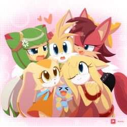 Rule 34 | 1girl, 4girls, anger vein, artist name, blush, bow, bowtie, bracelet, brown hair, chao (sonic), cheese (sonic), commentary, cosmo (sonic), cream the rabbit, fang, fiona fox, fox boy, fox girl, hair bow, highres, howxu, jewelry, midriff, multiple girls, one eye closed, simple background, sleeveless, sonic (series), sonic the hedgehog (archie comics), sonic x, tails (sonic), zooey (sonic)