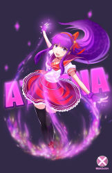 Rule 34 | 1girl, absurdres, asamiya athena, bow, choker, fingerless gloves, gloves, hair bow, hair ornament, hairband, highres, jewelry, long hair, looking at viewer, mahousho, open mouth, purple eyes, purple hair, red hairband, school uniform, serafuku, skirt, snk, solo, star (symbol), star hair ornament, the king of fighters, the king of fighters xiv