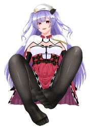 1girl ajax_(azur_lane) ajax_(retrofit)_(azur_lane) azur_lane beret black_gloves black_pantyhose capelet full_body gloves hat high-waist_skirt highres no_shoes open_mouth pantyhose purple_hair red_eyes red_skirt shirt sitting skirt sleeveless sleeveless_shirt solo two_side_up white_shirt