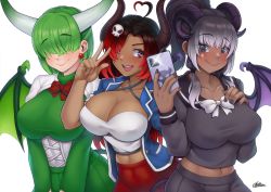 Rule 34 | 3girls, ahoge, black nails, blouse, blush, bow, bowtie, breasts, cellphone, collarbone, commentary, commission, covered erect nipples, cowboy shot, dark-skinned female, dark skin, demon girl, demon horns, demon wings, drop shadow, earrings, freckles, gaothun, gradient background, green hair, green skirt, green wings, grey hair, grey shirt, hair ornament, hair over eyes, heart, heart ahoge, horns, jewelry, large breasts, long hair, looking at viewer, multiple girls, nail polish, navel, open mouth, original, phone, pink eyes, pleated skirt, ponytail, red bow, red hair, sailor collar, selfie, shirt, short hair, skirt, skull hair ornament, smartphone, smile, v, w, wings