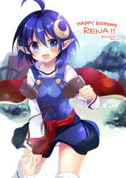 Rule 34 | 1girl, ahoge, blue eyes, blue hair, blush, cape, crescent, crescent hair ornament, hair ornament, looking at viewer, open mouth, panties, pointy ears, red cape, rena lanford, short hair, skirt, smile, solo, star ocean, star ocean the second story, thighhighs, tree, underwear, white panties, zinan