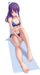 Rule 34 | 1girl, absurdres, alice gear aegis, aomoro, bare arms, bare legs, bare shoulders, barefoot, bikini, blue bikini, blush, breasts, cleavage, closed mouth, collarbone, commentary, dated, dated commentary, feet, foot focus, foreshortening, full body, hair between eyes, hair ornament, hair scrunchie, halterneck, highres, long hair, looking away, medium breasts, navel, nikotama mai, ponytail, purple eyes, purple hair, scrunchie, side-tie bikini bottom, sitting, solo, stomach, swimsuit, toes, white background