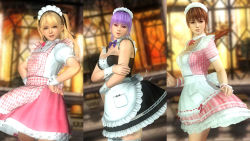 Rule 34 | 3d, 3girls, ayane (doa), blonde hair, blue eyes, breasts, dead or alive, dead or alive 5, female focus, kasumi (doa), large breasts, maid, maid headdress, marie rose, multiple girls, official art, purple hair, ribbon, siblings, sisters