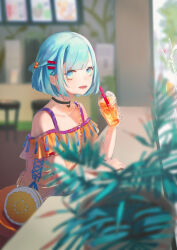 Rule 34 | 1girl, absurdres, black choker, blue eyes, blue hair, blurry, blurry background, blurry foreground, choker, cross-laced top, cup, disposable cup, dress, drinking straw, hair bobbles, hair ornament, hairclip, highres, indoors, looking at viewer, open mouth, original, plant, senryoko, sitting