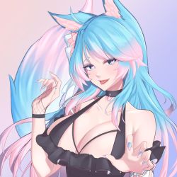 Rule 34 | 1girl, absurdres, animal ears, bare shoulders, bikini, blue eyes, blue hair, blue nails, breasts, choker, claw pose, cleavage, fingerless gloves, fishnet gloves, fishnets, flower, gloves, gradient hair, hair flower, hair ornament, halterneck, heart, heart-shaped pupils, highres, large breasts, long hair, looking at viewer, multicolored hair, multicolored tail, nail polish, parted bangs, pink flower, pink hair, ribbon, side-tie bikini bottom, silvervale, silvervale (5th costume), single glove, solo, streaked hair, swimsuit, symbol-shaped pupils, tail, tinyen wang, tongue, tongue out, virtual youtuber, vshojo, wolf ears, wolf girl, wolf tail