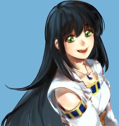Rule 34 | 1girl, black hair, detached sleeves, dress, gensou suikoden, green eyes, ikunosake, jewelry, long hair, looking at viewer, necklace, open mouth, simple background, smile, solo, viki (suikoden)