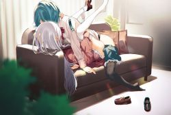 Rule 34 | 1futa, 1girl, aizawa kazuha, arm around neck, arm support, arm up, assault lily, black footwear, black legwear, blue hair, blue skirt, blurry, blurry foreground, blush, blush visible through hair, bow, bowtie, brown footwear, chromatic aberration, clothes lift, clothes pull, couch, covered face, curtains, cushion, day, ear blush, facing away, folded, frilled skirt, frills, futa with female, futanari, girl on top, hand in own hair, hand on another&#039;s head, highres, implied futanari, indoors, jacket, kanba girls high school uniform, kon kanaho, legs up, lens flare, loafers, long hair, long sleeves, miniskirt, missionary, multiple girls, on couch, orihi chihiro, panties, panties around leg, plant, red bow, red neckwear, red shirt, red skirt, school uniform, sex, shadow, shirt, shoes, short hair, silver hair, single shoe, skirt, skirt lift, skirt pull, sweat, thighhighs, underwear, unworn shoe, very long hair, white jacket, white legwear, white panties