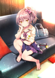 Rule 34 | 10s, 1girl, barefoot, blush, bow, breasts, cellphone, cellphone charm, charm (object), closed mouth, clothes around waist, couch, feet, full body, hair bow, head rest, idolmaster, idolmaster cinderella girls, indoors, jougasaki mika, looking at viewer, medium breasts, miniskirt, nail polish, phone, pillow, pink bow, pink hair, plaid, plaid skirt, school uniform, sitting, skirt, smartphone, smile, solo, sweater, sweater around waist, toenail polish, toenails, yellow eyes, yoshimura (yoshimura4shi)