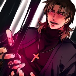Rule 34 | 1boy, bad id, bad pixiv id, brown eyes, brown hair, cassock, cheekbones, coat, dutch angle, eyebrows, fate/stay night, fate (series), forked eyebrows, kotomine kirei, male focus, mud, mullet, parted bangs, solo, zihad