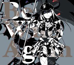 Rule 34 | 1girl, abstract, arm up, azukilib, breasts, capelet, choker, chromatic aberration, closed mouth, cowboy shot, earpiece, english text, female focus, fingerless gloves, fishnet pantyhose, fishnets, flag, gloves, hand on own hip, hat, holding, holding flag, holding pole, kazuno sarah, long hair, looking at viewer, love live!, love live! sunshine!!, monochrome, pantyhose, peaked cap, pole, purple eyes, shirt, short shorts, shorts, showgirl skirt, sidelocks, small breasts, solo, split mouth, spot color, standing, straight-on, text focus, zoom layer