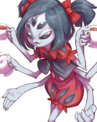 Rule 34 | 1girl, :3, black eyes, black hair, bubble skirt, colored skin, cup, drink, extra arms, extra eyes, fangs, grey skin, hair ribbon, holding, holding cup, arthropod girl, kumauwo, liquid, muffet, open mouth, puffy short sleeves, puffy sleeves, red skirt, ribbon, short sleeves, short twintails, skirt, solo, spider girl, standing, tea, teacup, teapot, transparent background, twintails, two side up, undertale, upper body